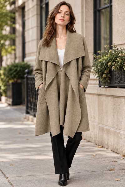 Khaki open-front long cardigan on female model
