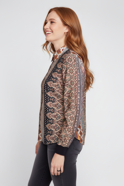 Paisley Stripe Print Blouse on the same model as the first R5280 photo