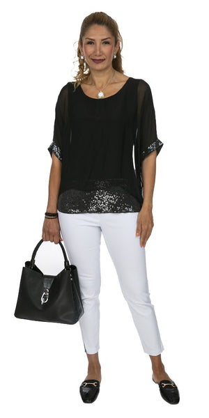 Sequin Trim Layered Silk Top - Italian